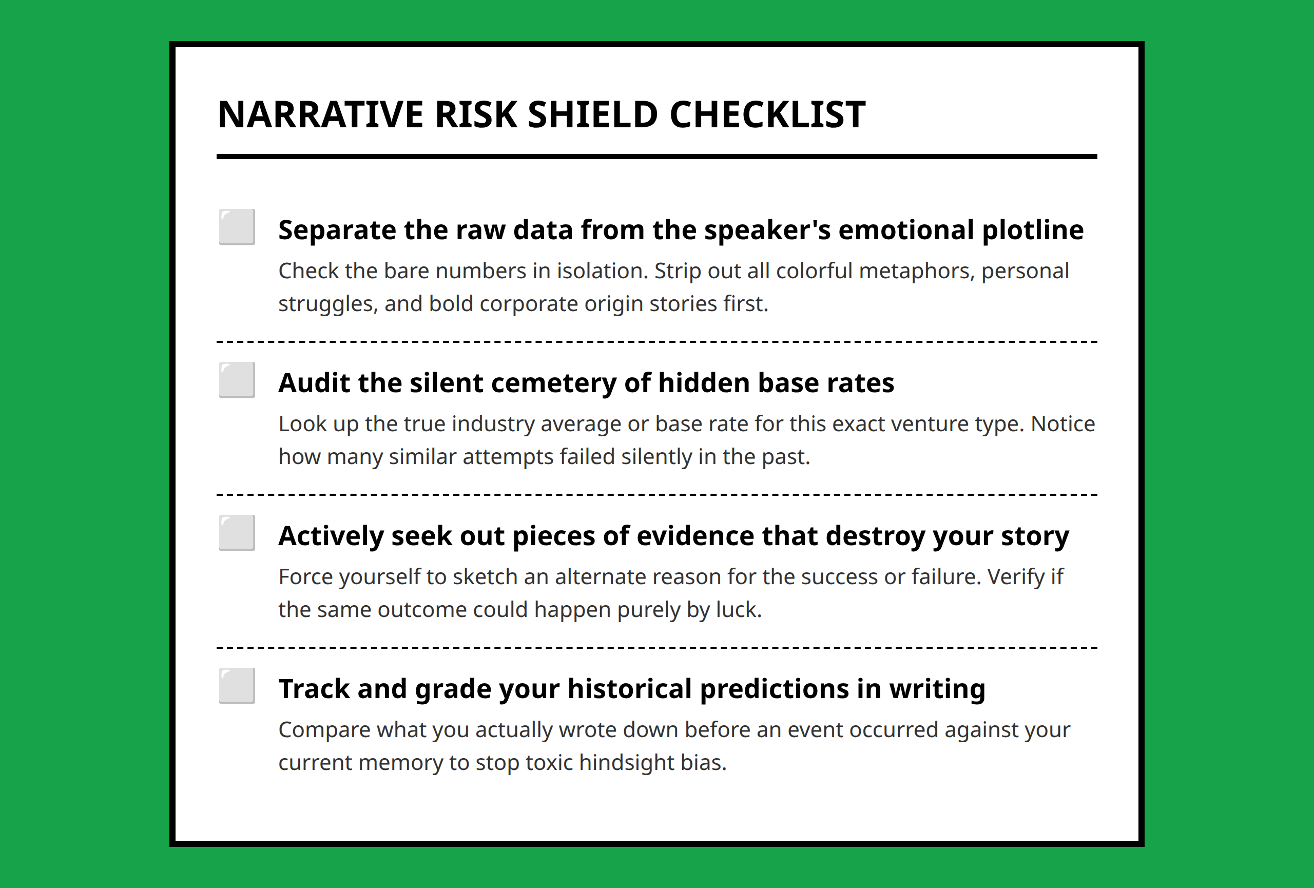 Checklist to spot and protect your mind from narrative fallacies in data reports