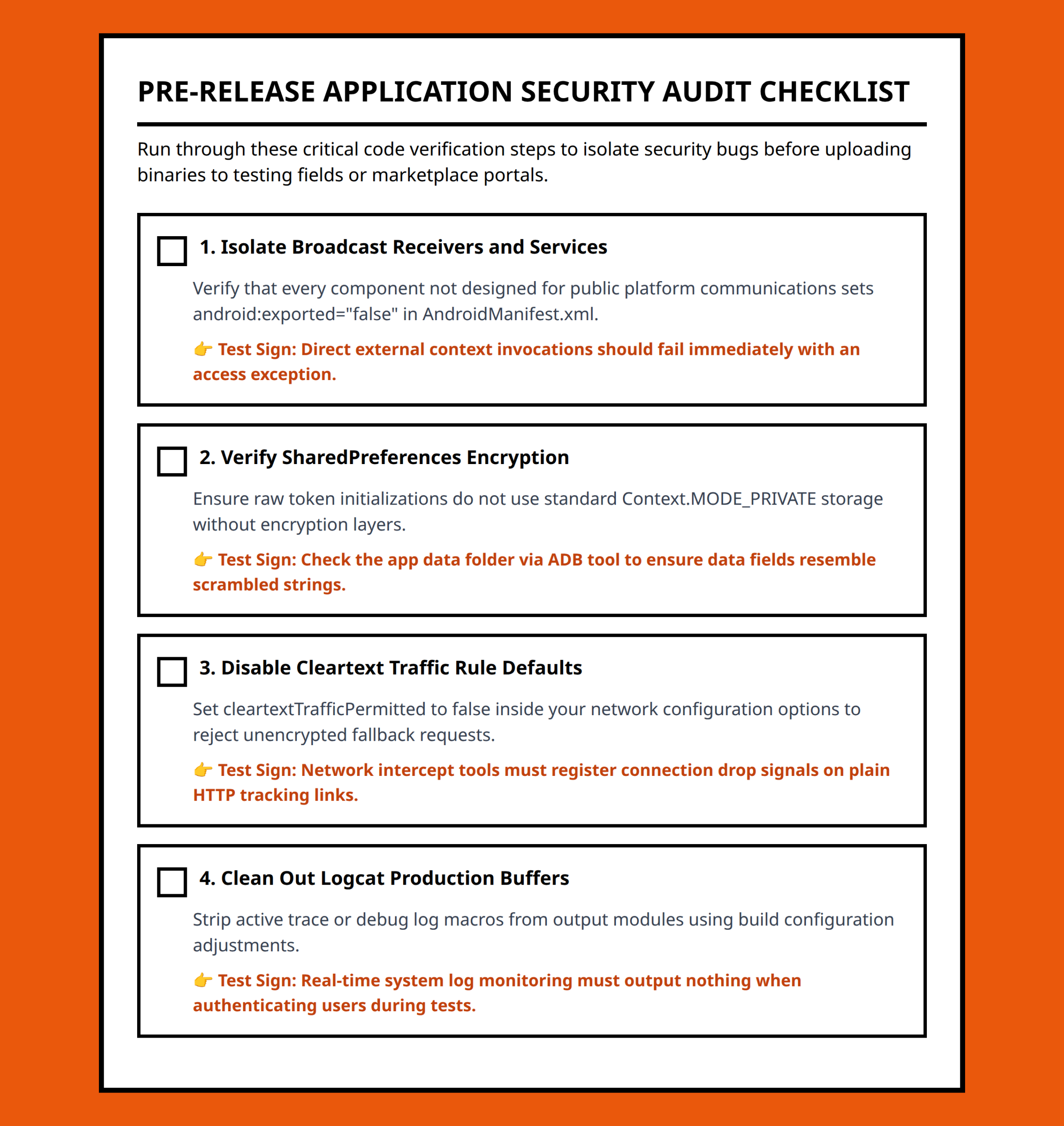 Developer security checklist for auditing Android manifestations, local storage, and logs.