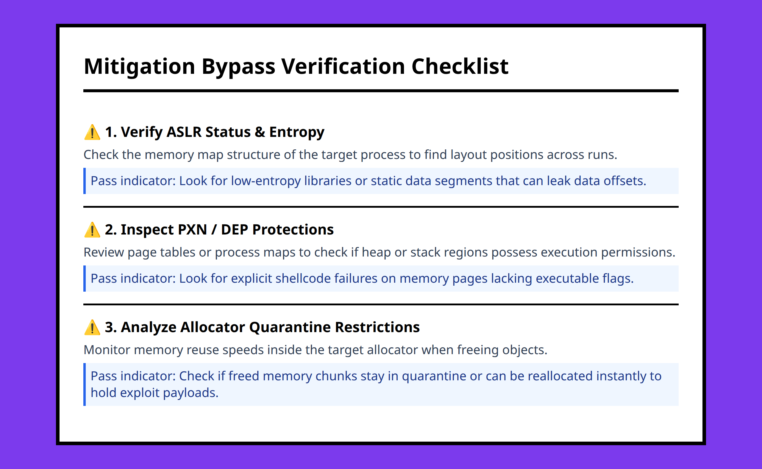 Checklist for assessing mitigation status and bypass indicators during Android exploit development.