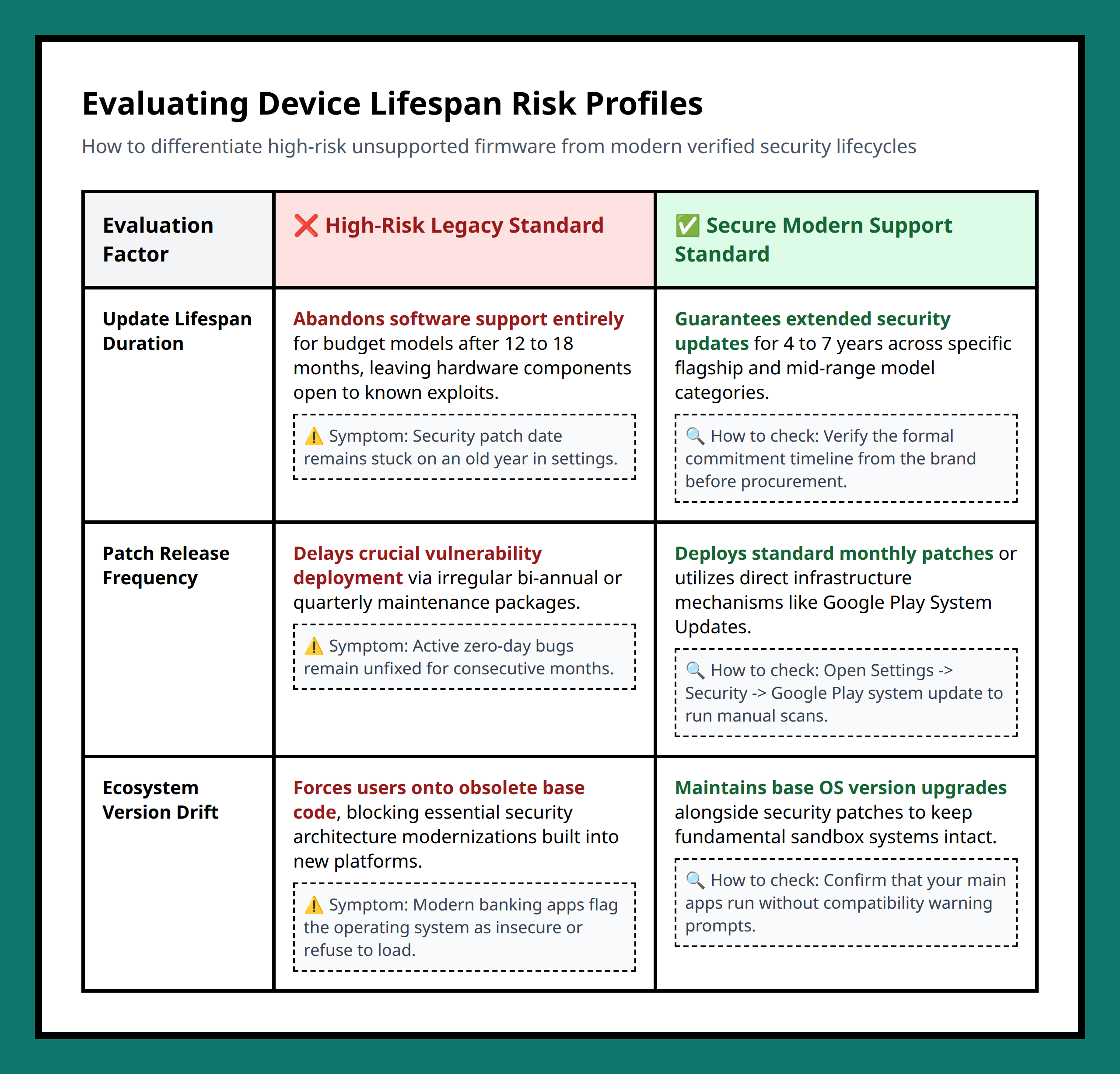Comparison table contrasting vulnerable legacy update practices with safe modern security support standards