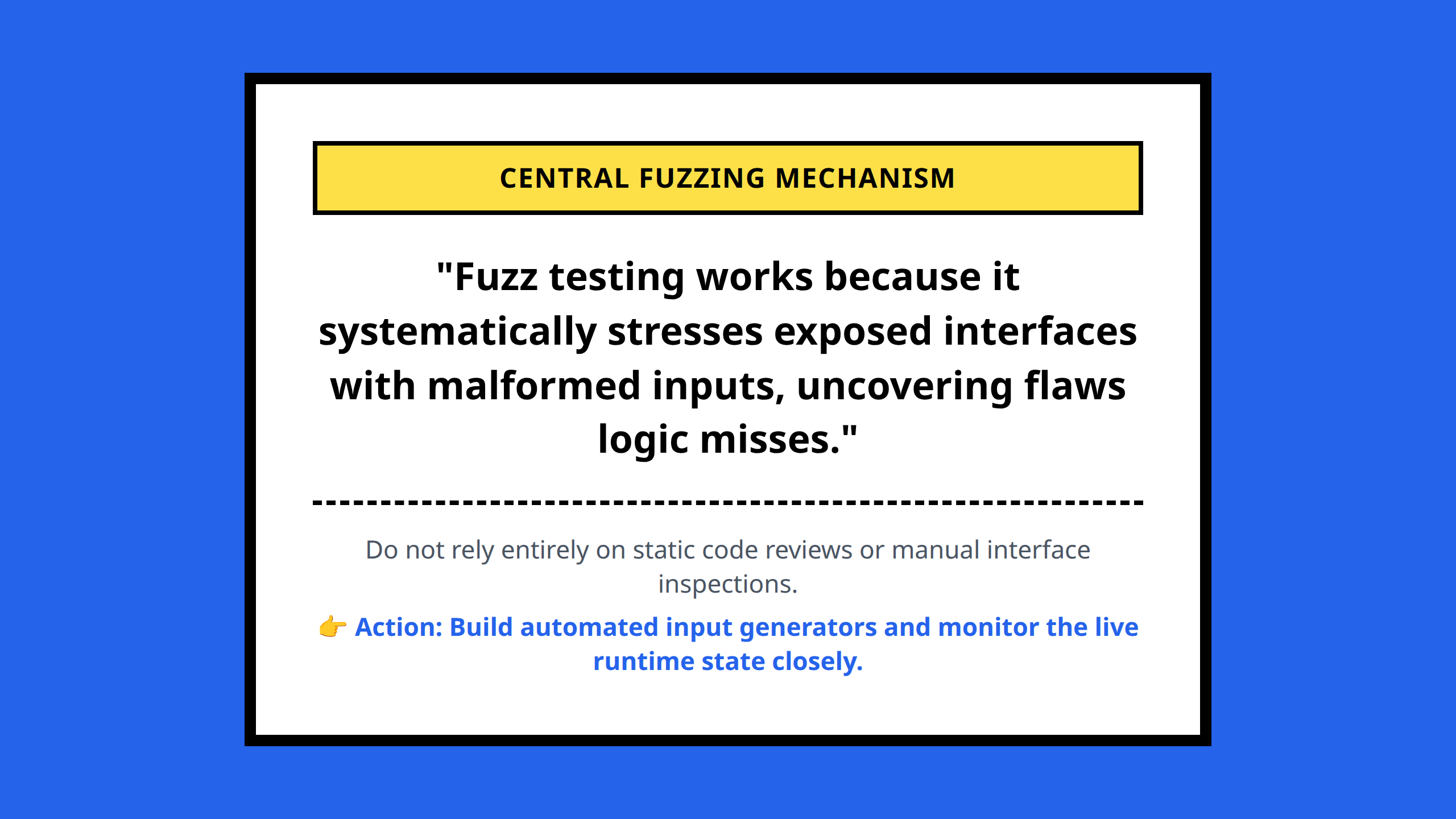 Mini poster highlighting the primary security discovery mindset for Android fuzz testing workflows.