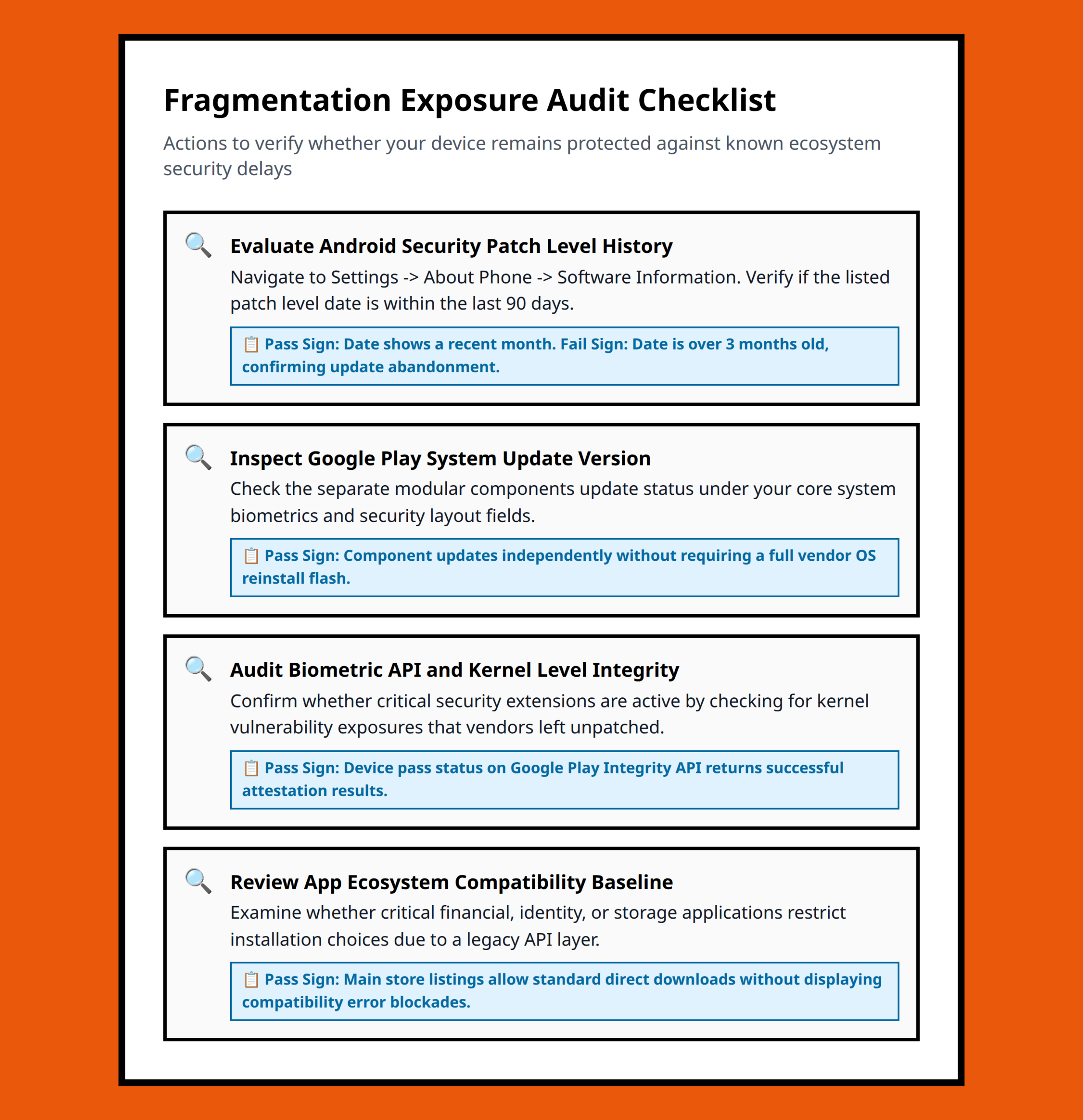 Ecosystem risk assessment checklist for evaluating Android devices against known fragmentation flaws