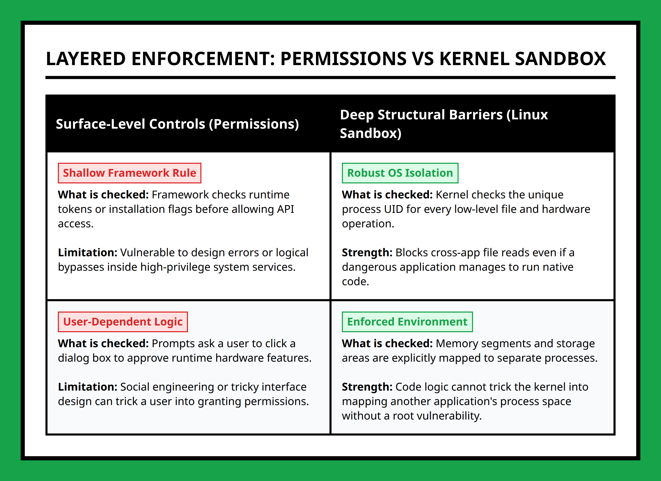Comparison table separating weak, surface-level permission checks from robust kernel sandbox security boundaries.