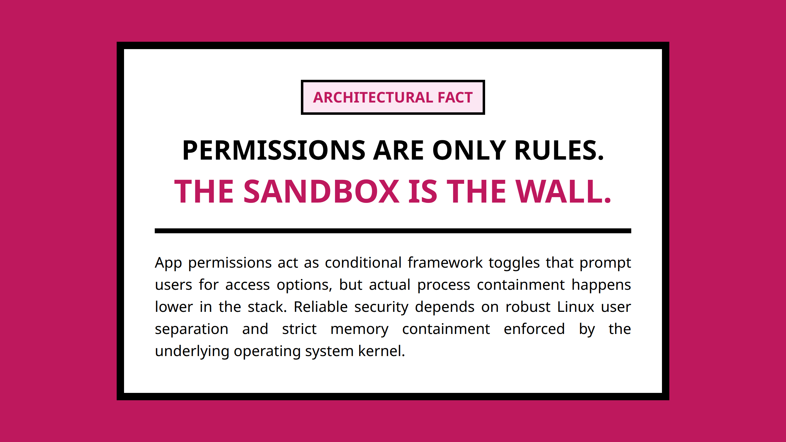 A mini poster summary highlighting that Android security relies on structural boundaries rather than simple permission popups.
