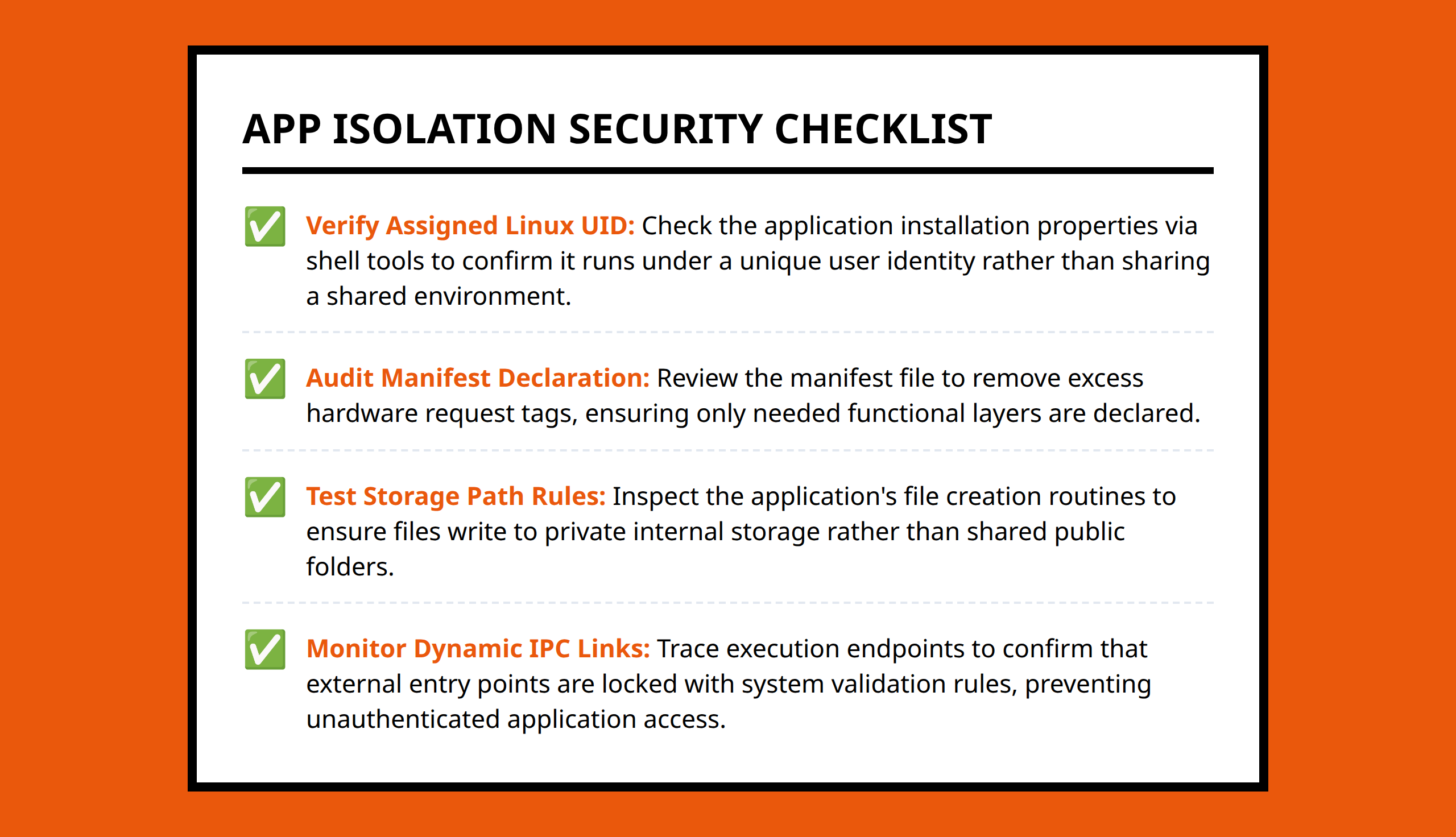 Checklist for evaluating application permissions and sandboxing status from an operational viewpoint.