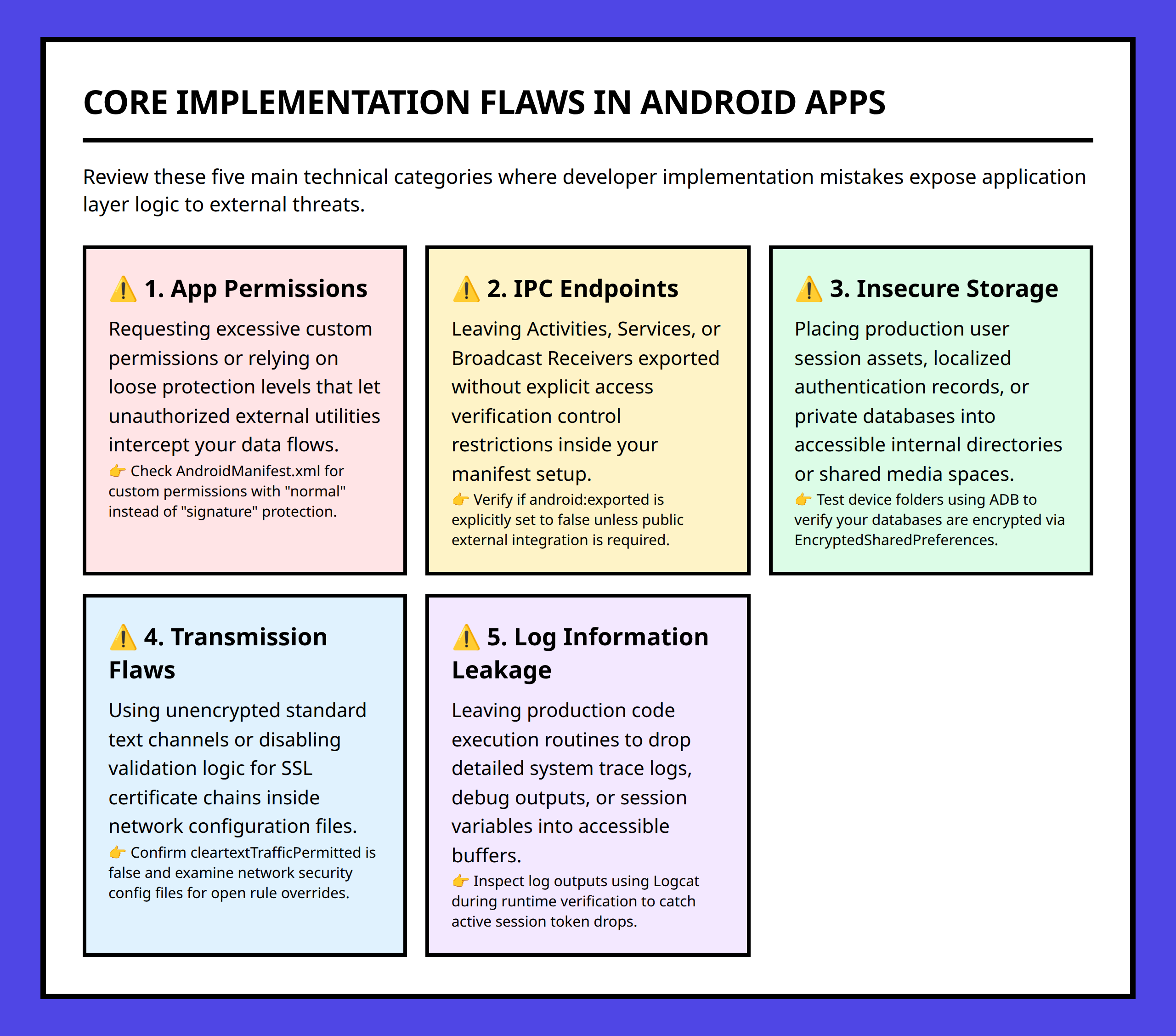 Infographic of five critical Android security mistake areas including IPC, logs, storage, and transmission.