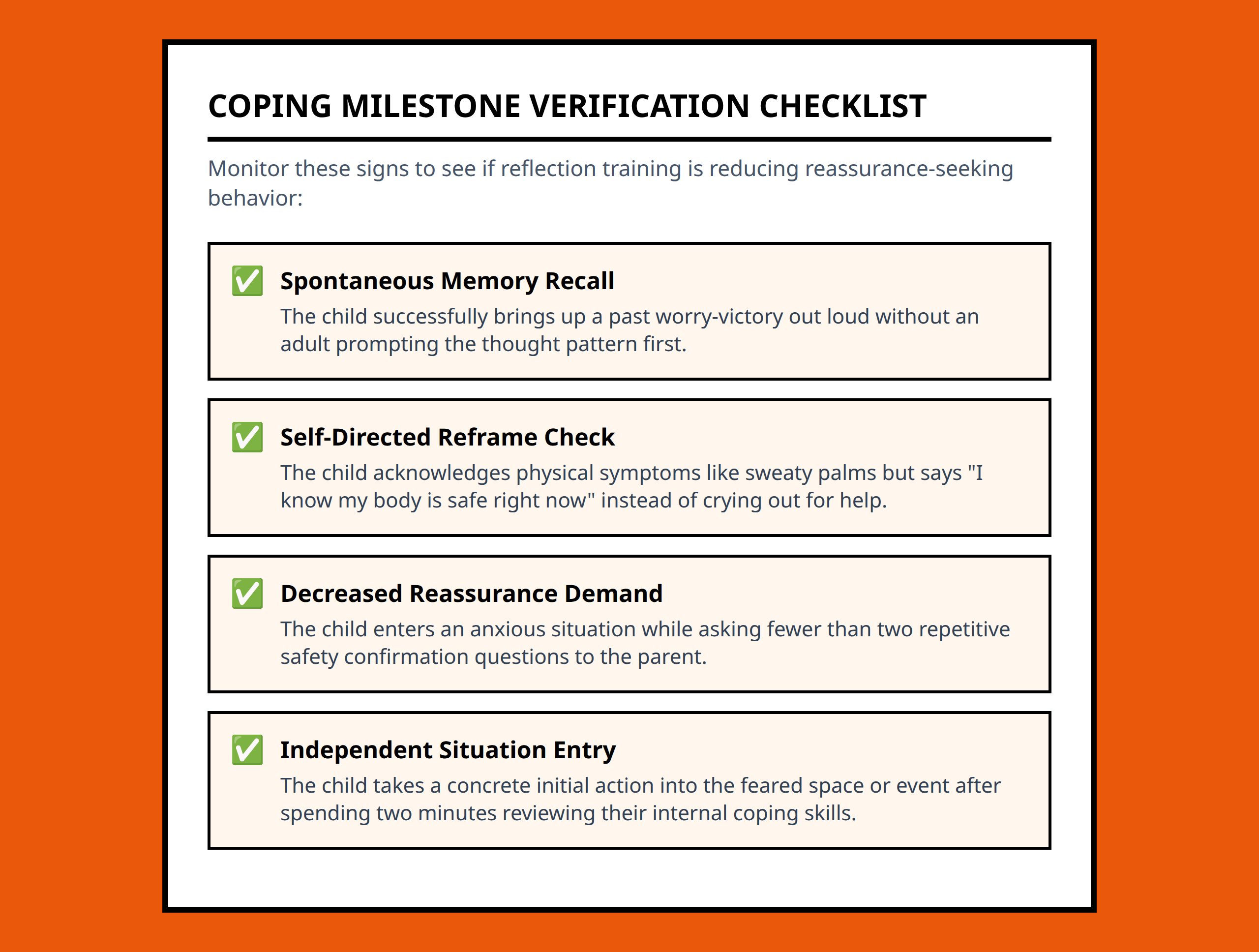 Checklist for parents to track child anxiety reflection progress and resilience indicators.