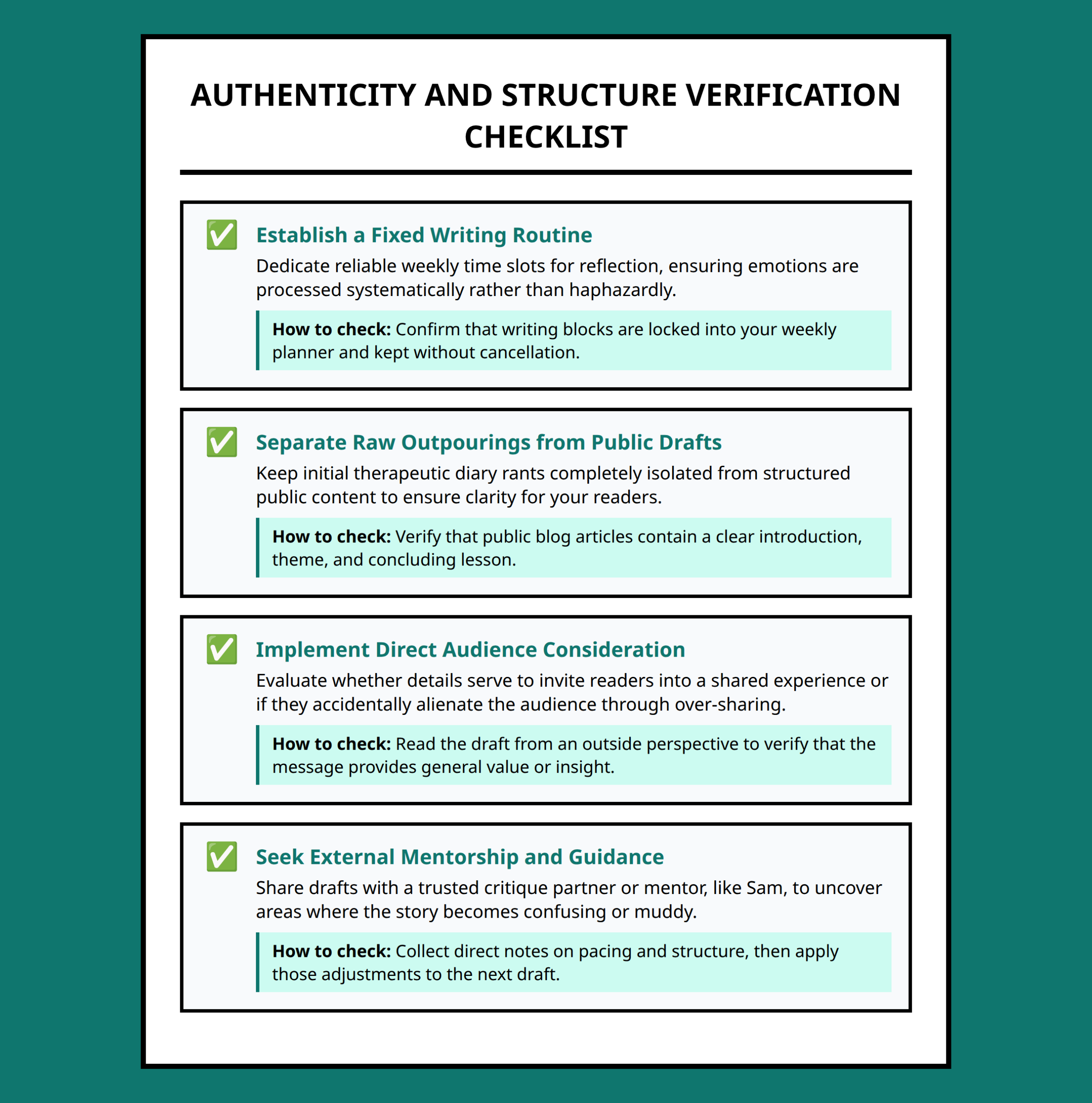 Checklist for maintaining authenticity and structure when writing about personal loss