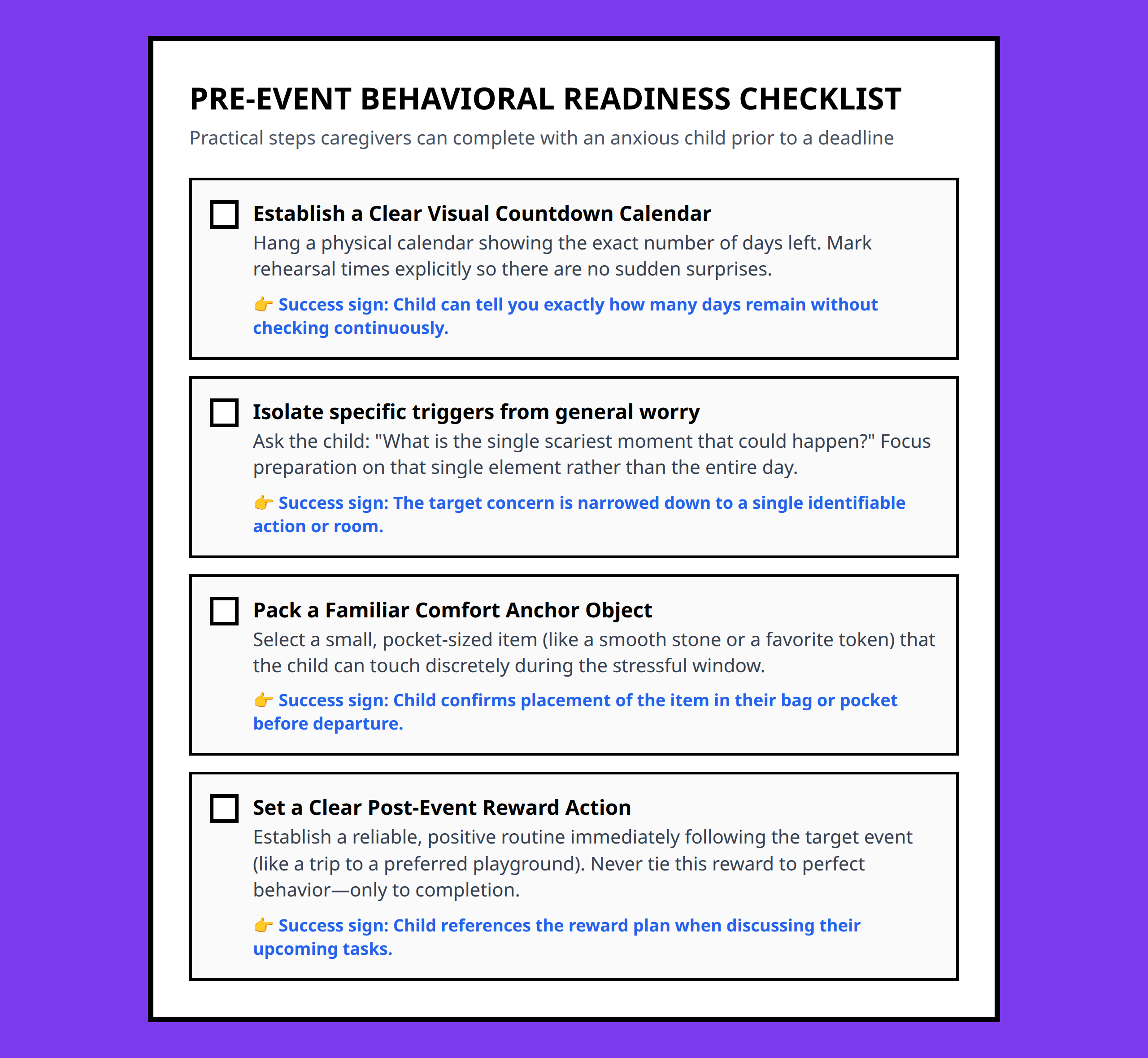 Actionable checklist for parents helping children prepare for upcoming stressful events.