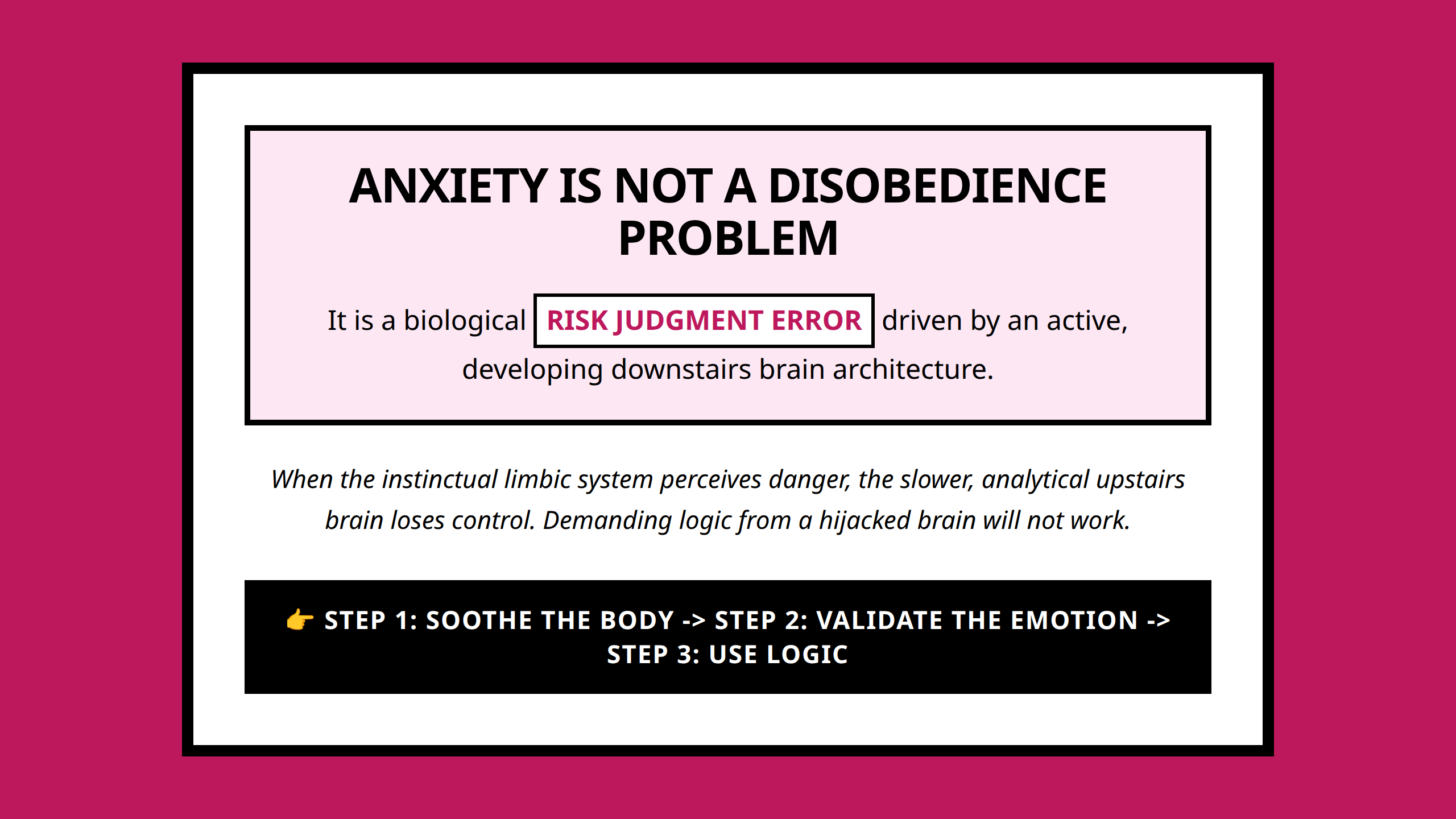 Mini poster reminding parents how children's brains misjudge threat levels during anxiety.