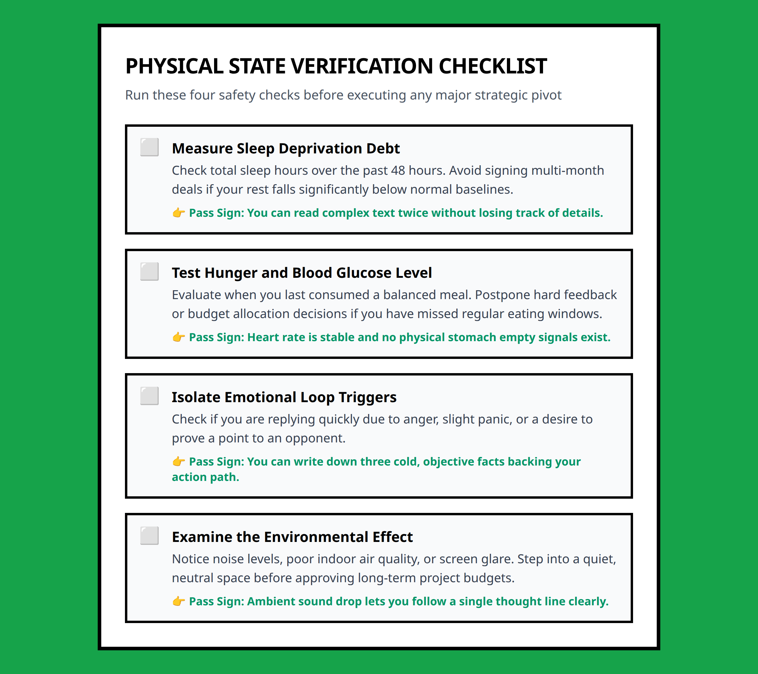 Checklist for assessing physical readiness before finalizing critical decisions