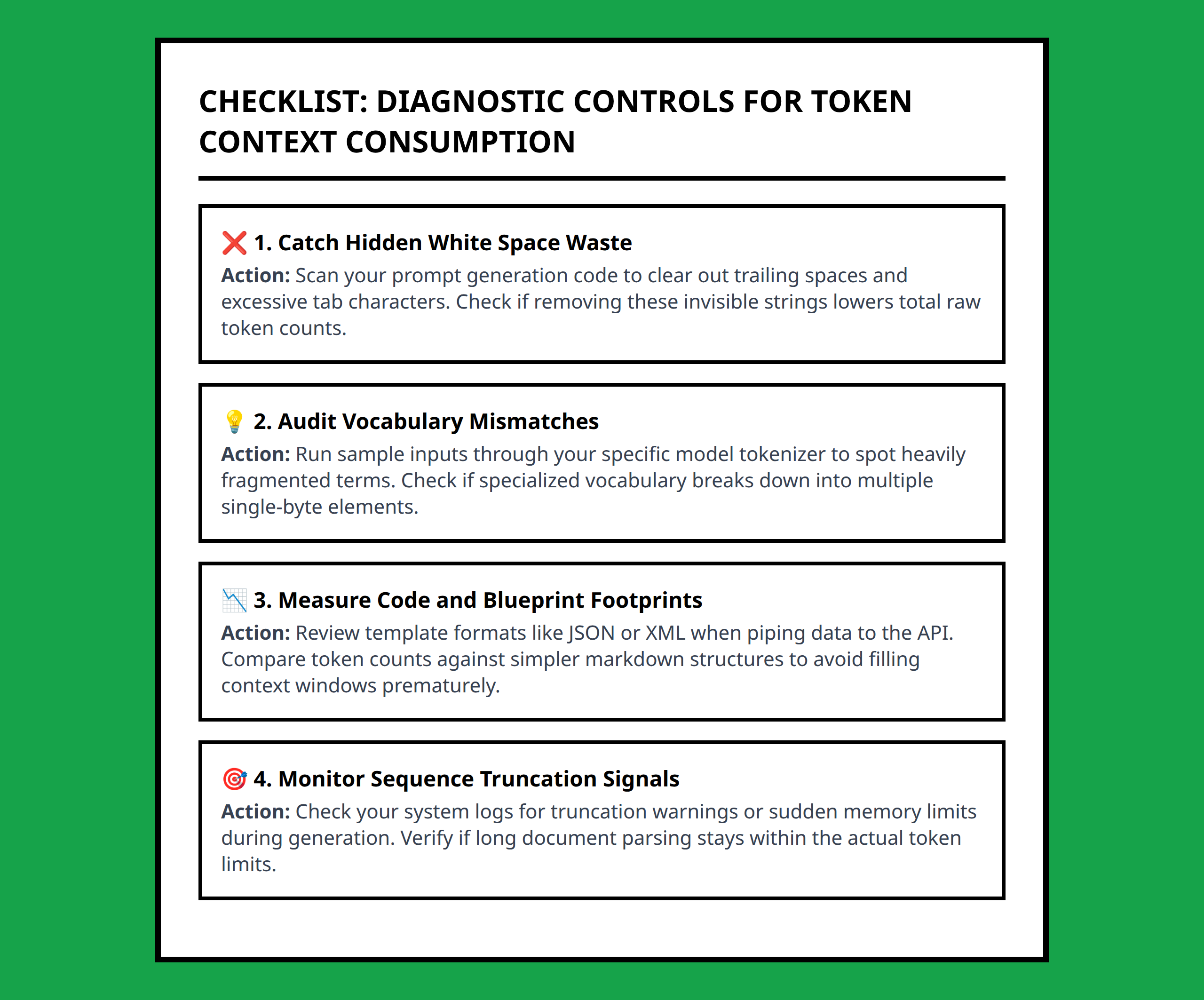 Checklist for optimizing token compression and preserving context window limits