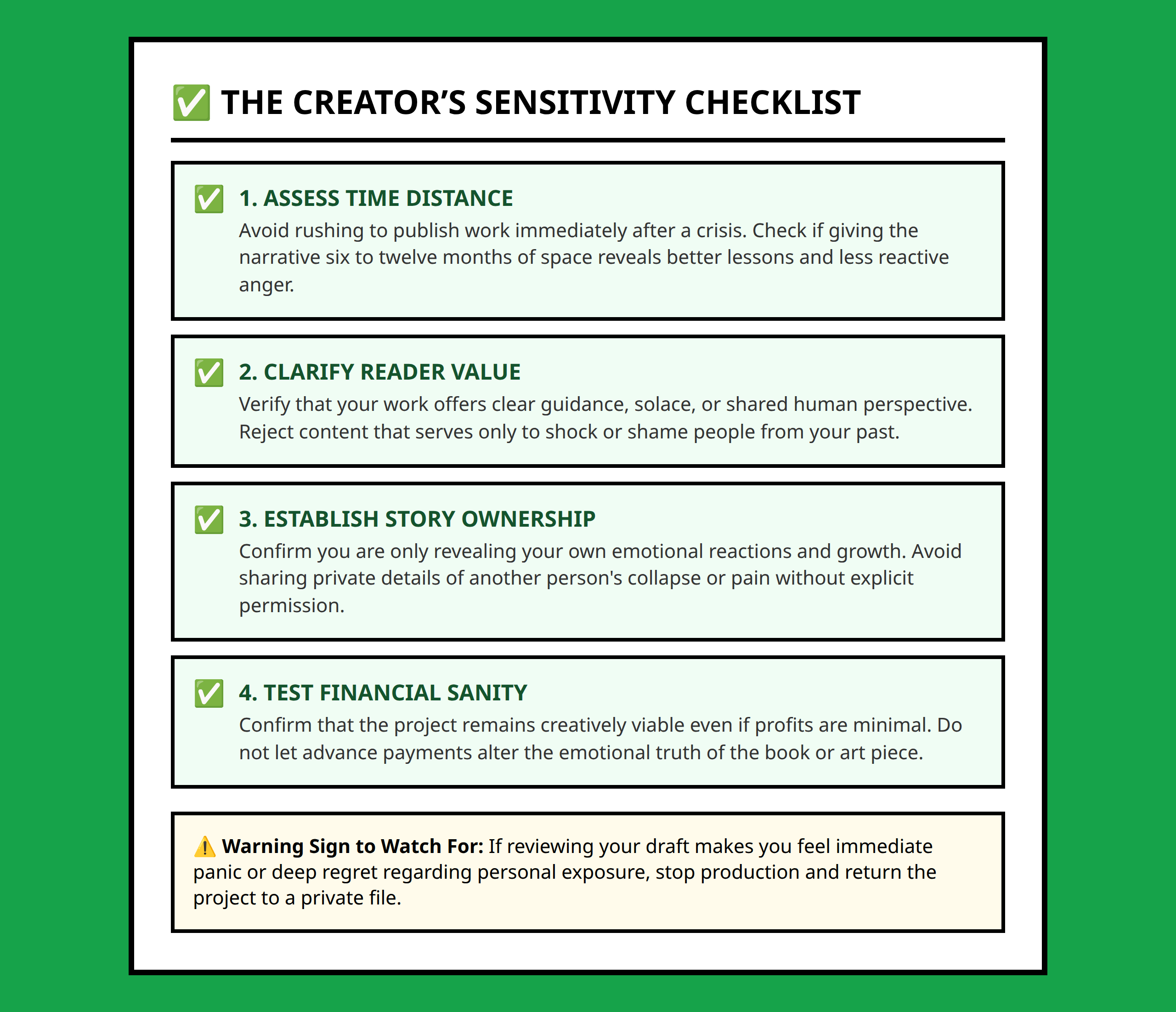 Checklist for creators evaluating the ethical impact of sharing personal tragedy in media.