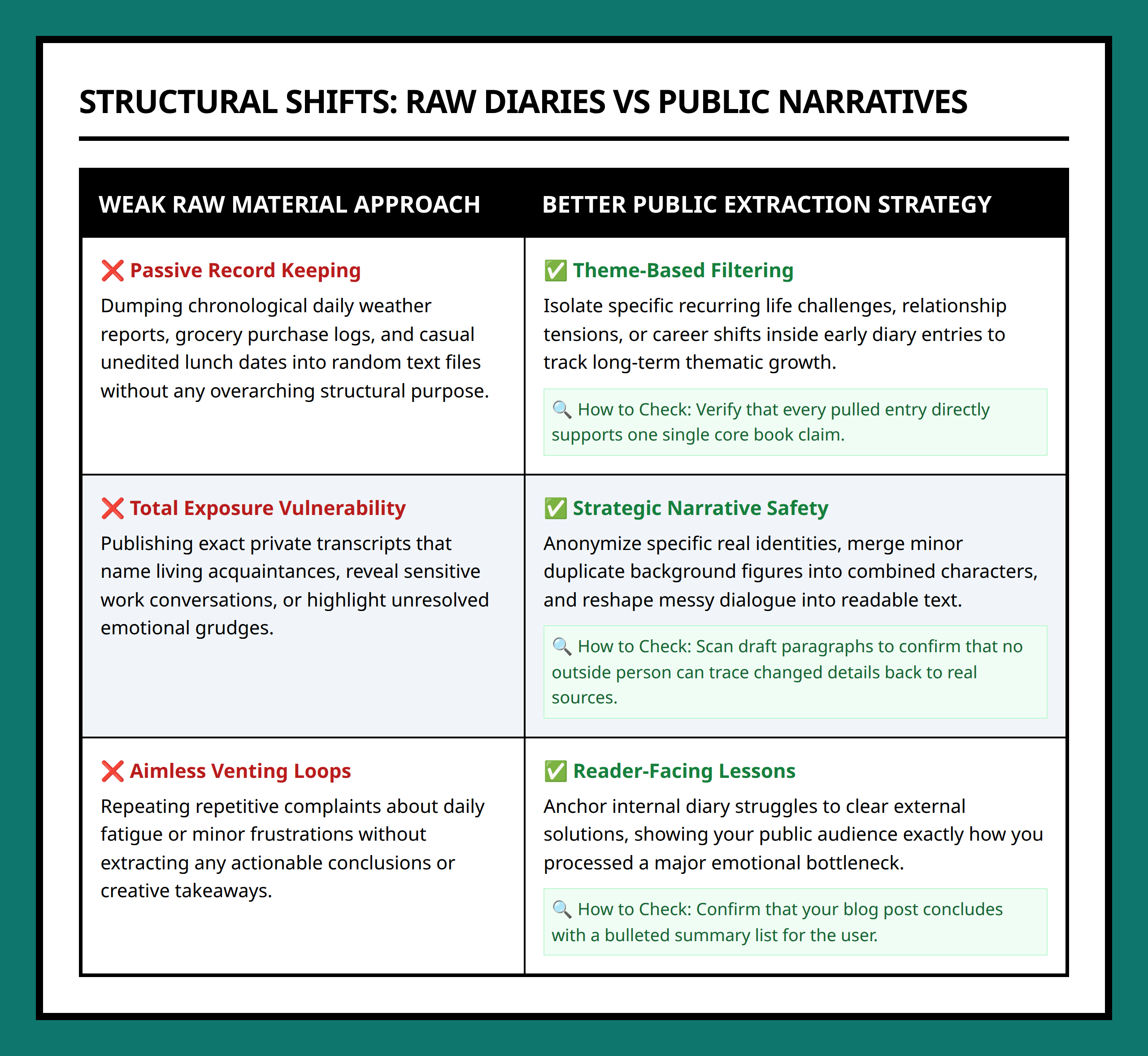 Comparison table separating weak journaling methods from active book planning strategies