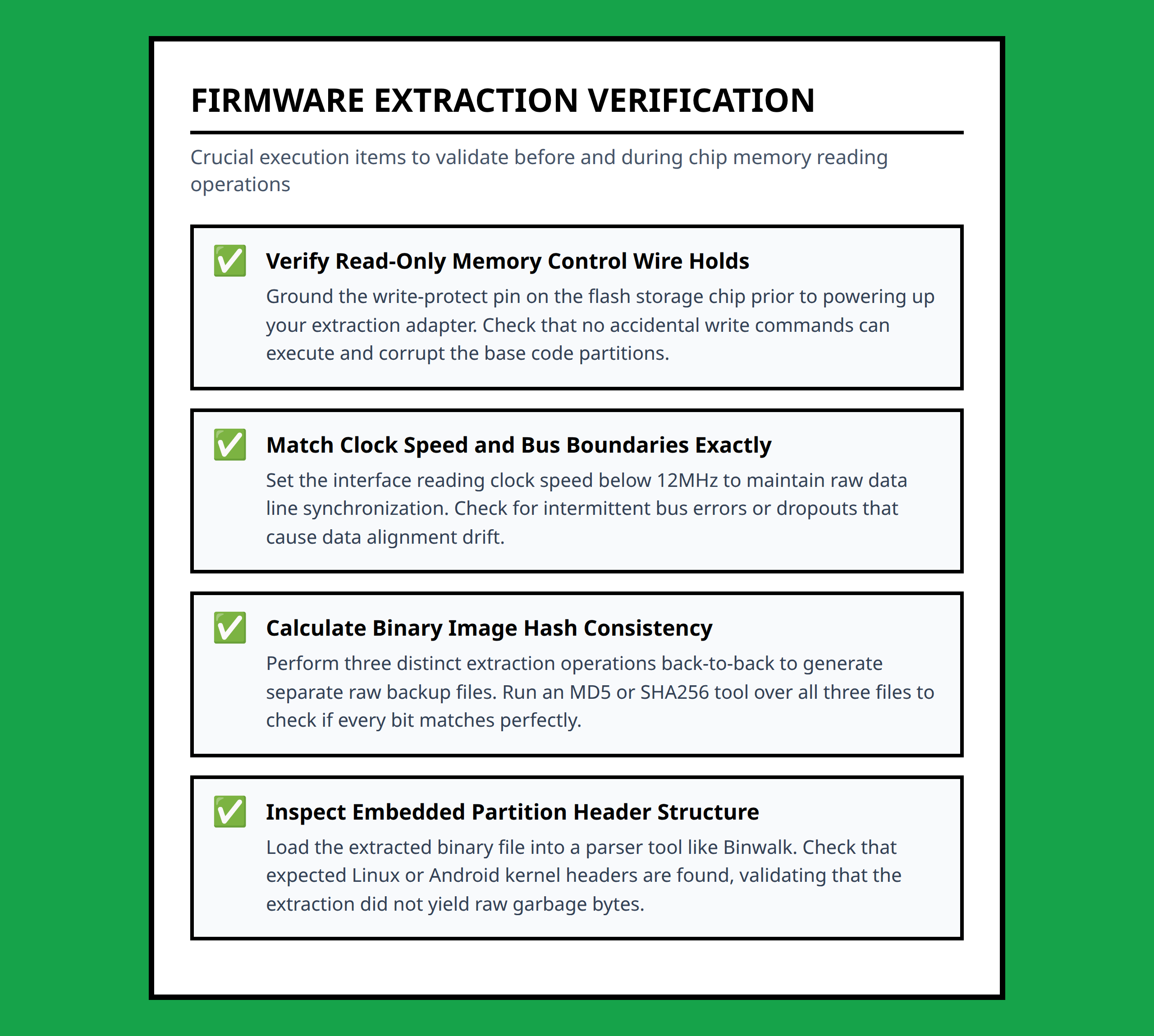 Checklist outlining technical criteria for secure firmware extraction and data stealing