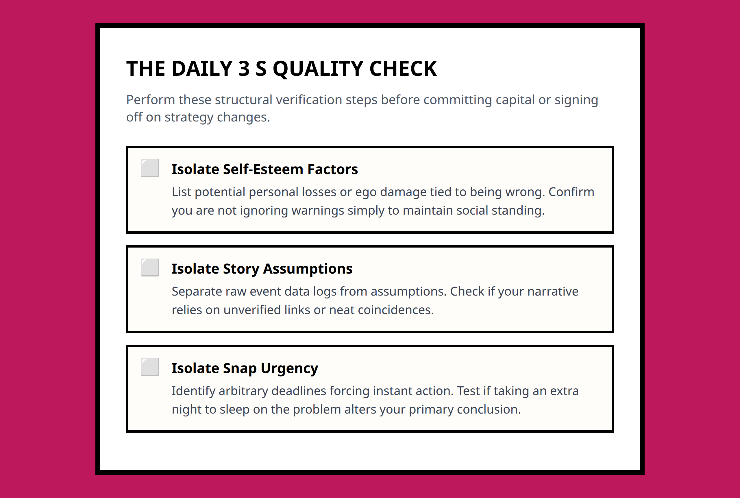 Checklist for applying the 3 S framework to daily business or personal decisions