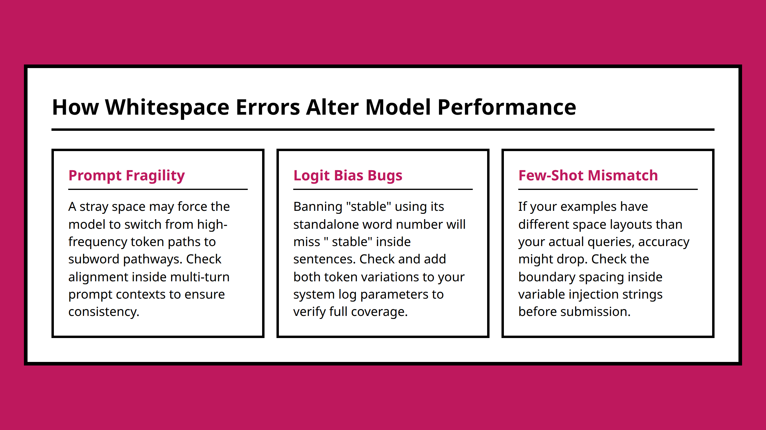 Card grid explaining the downstream consequences of space tokens for prompt engineering