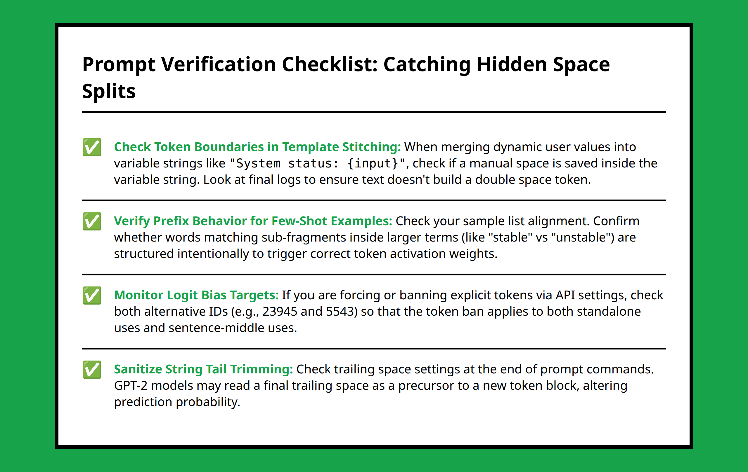 Prompt engineering checklist for managing space token errors in LLM systems