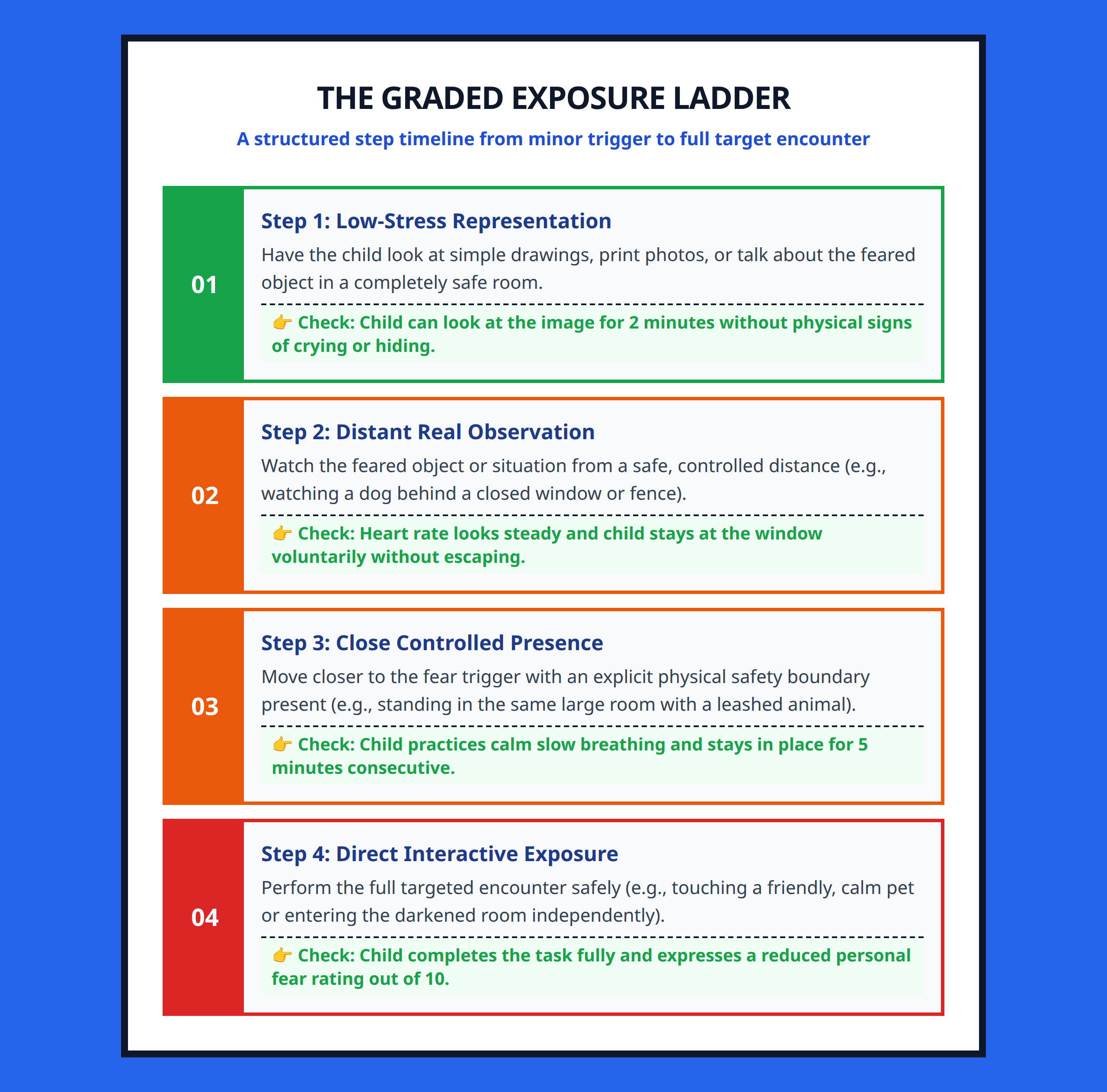 Step by step graded exposure ladder timeline graphic for facing child phobias