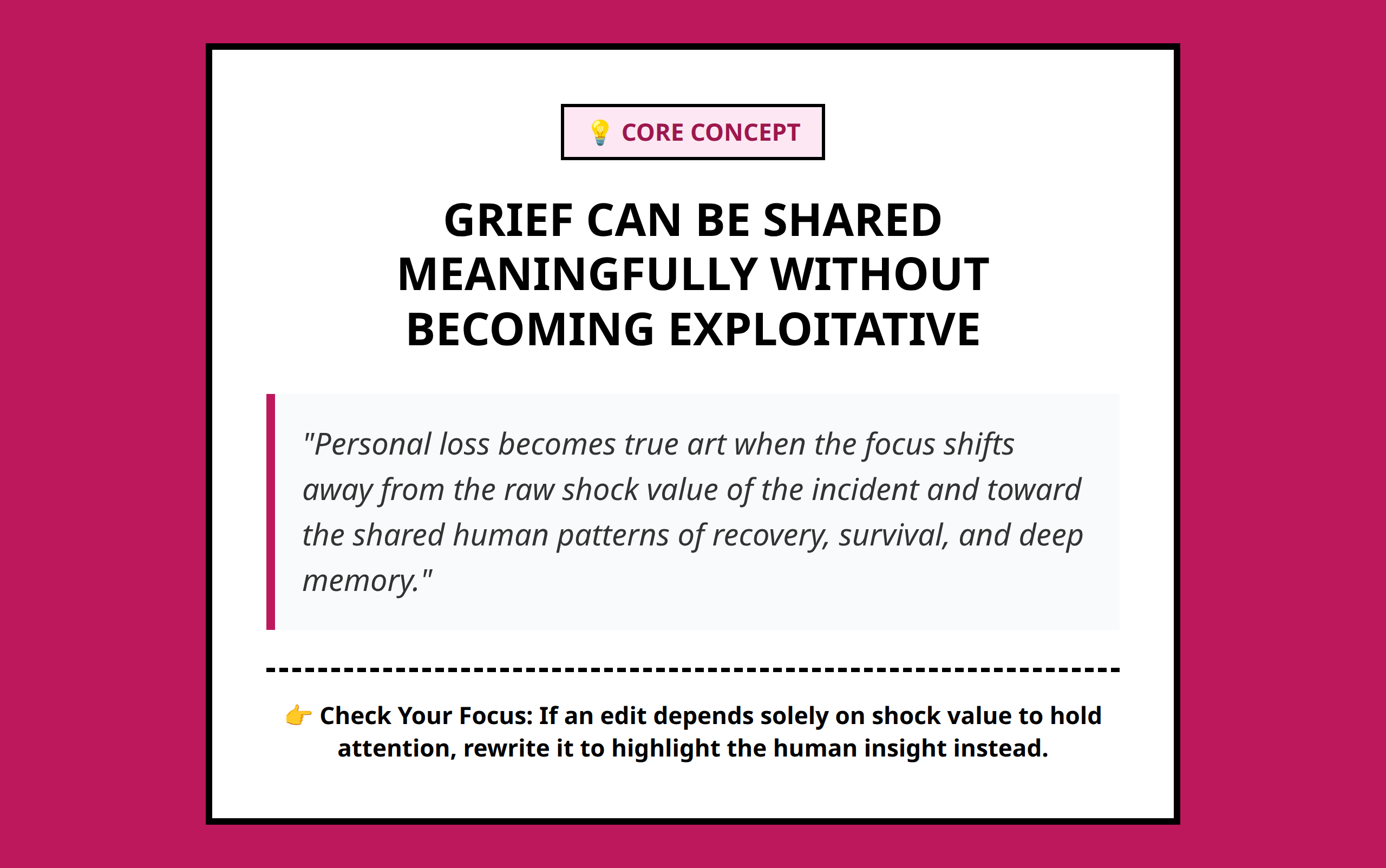 Mini poster highlighting the central claim of ethical grief sharing in public art.