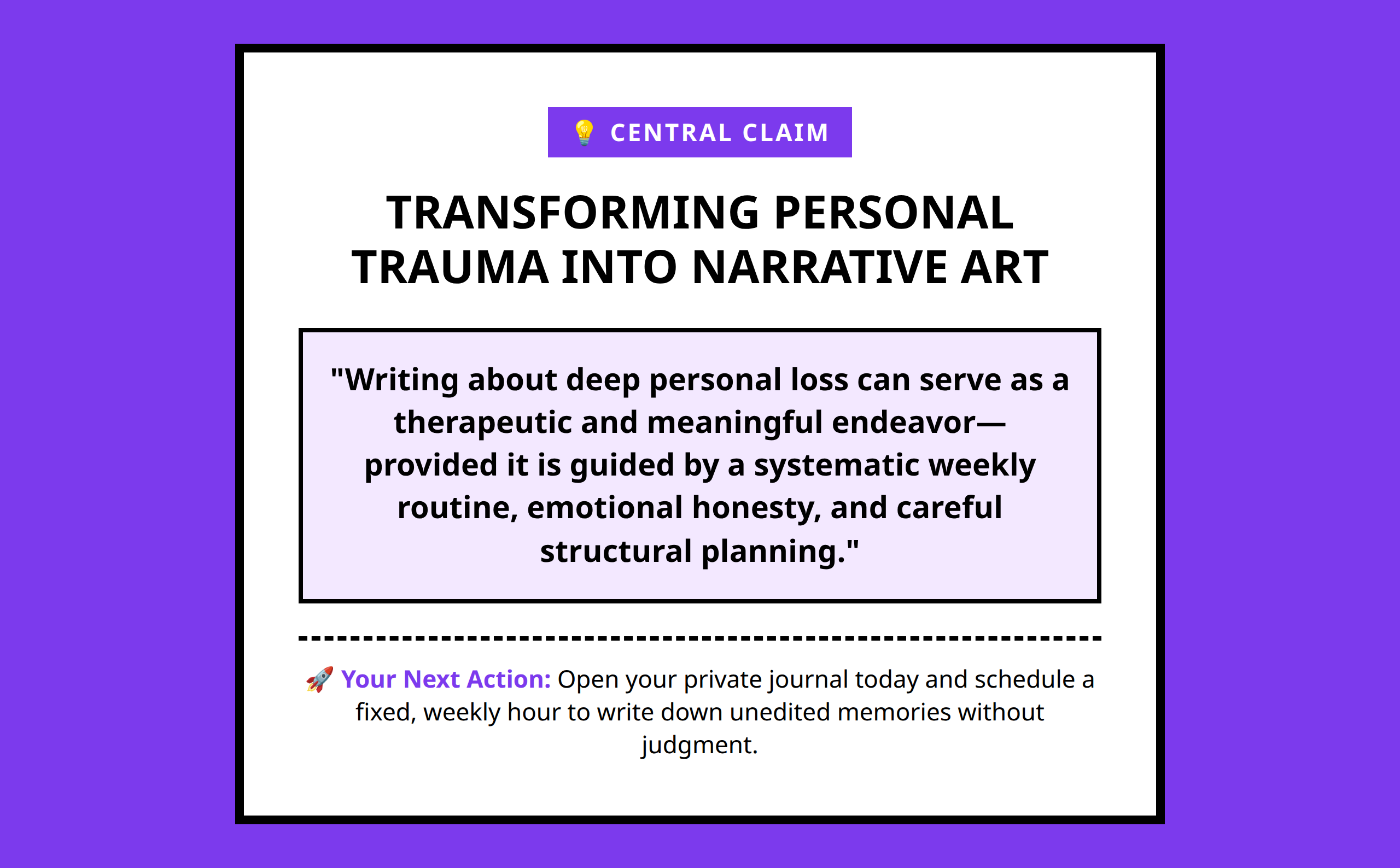 Mini poster highlighting the central rule for transforming personal trauma into authentic narrative art