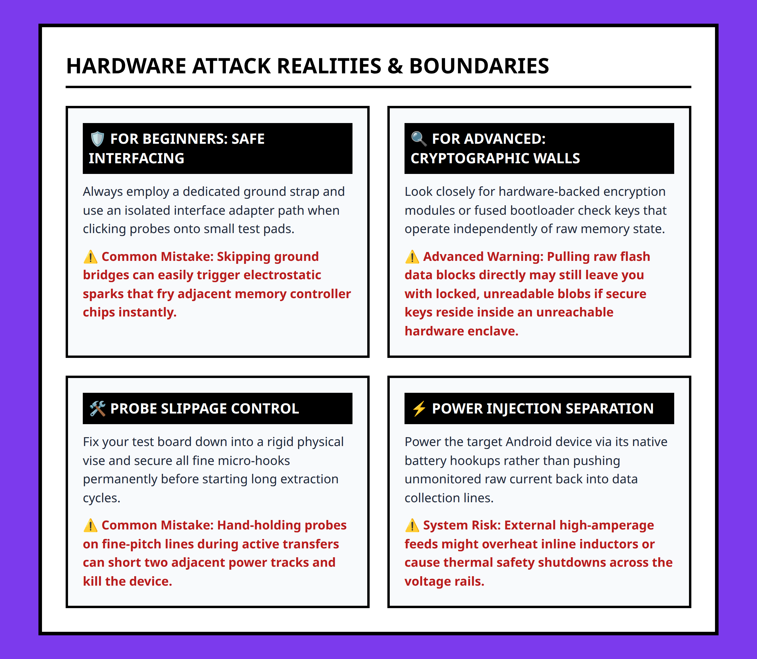 Card grid layout showing critical hardware attack pitfalls and mitigation checks