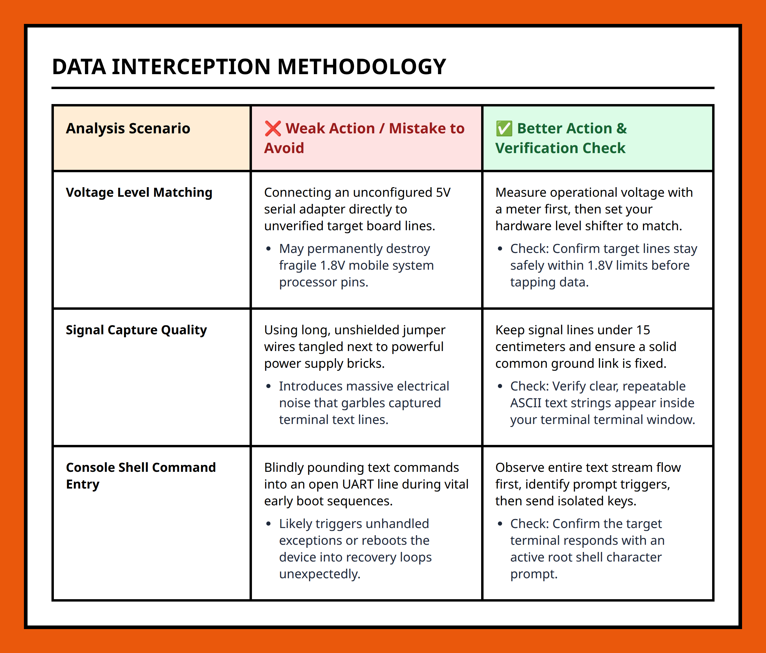 Comparison table for right vs wrong hardware interception and data injection choices