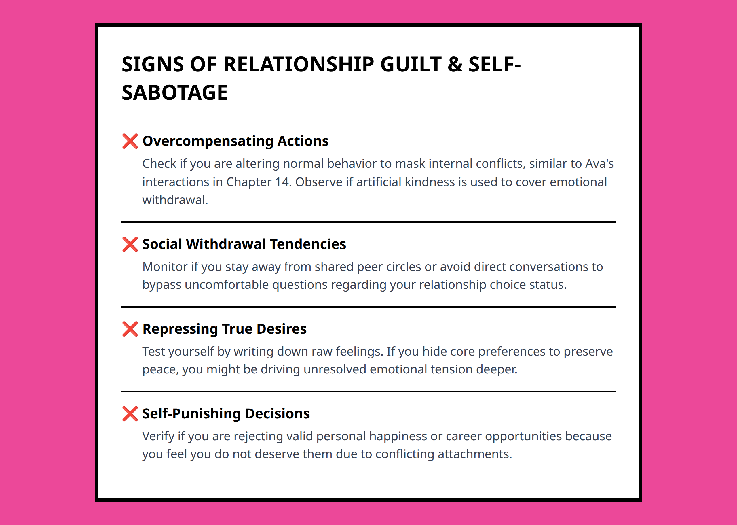 Checklist for analyzing internal relationship guilt and signs of personal self-sabotage