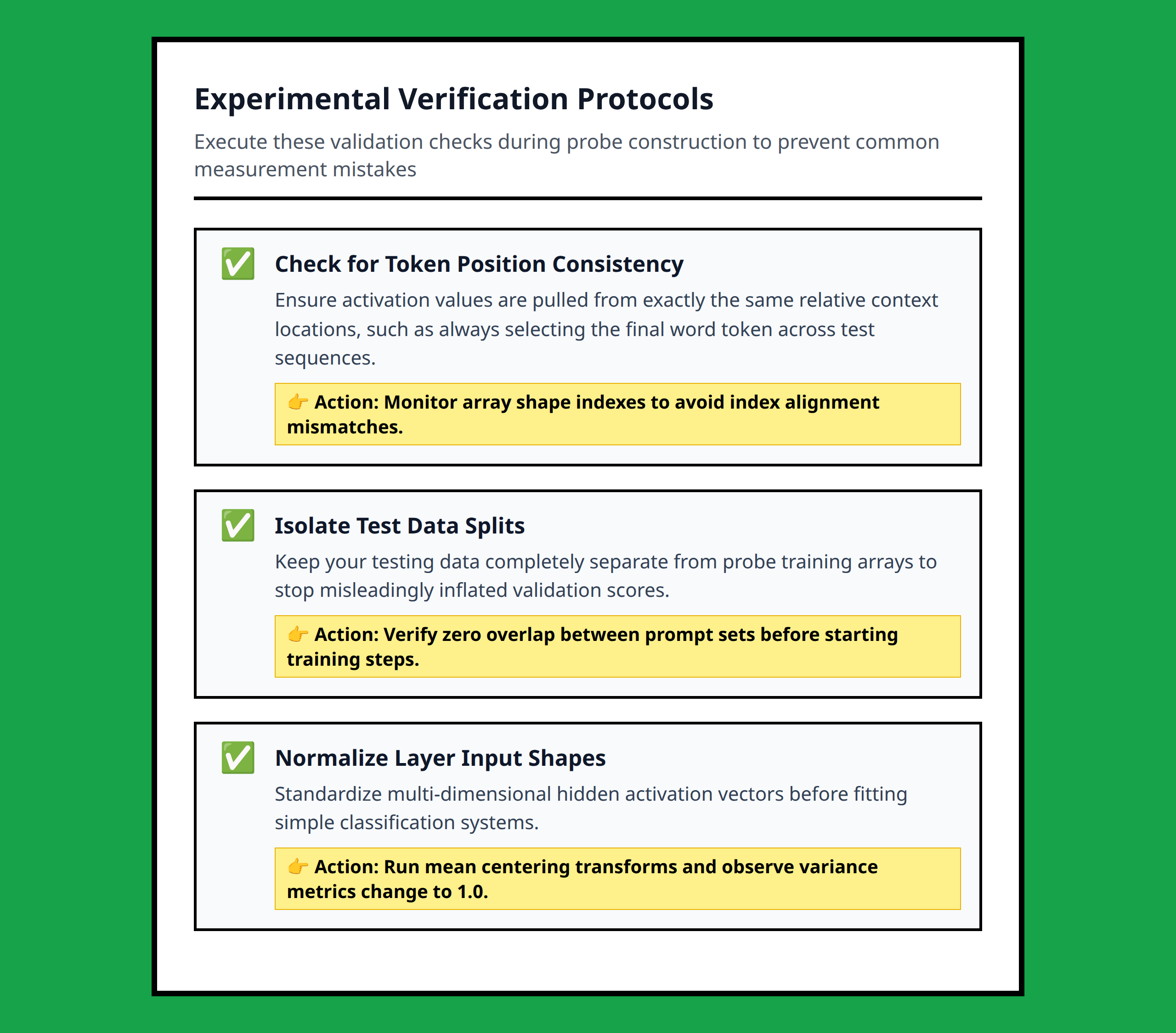 Checklist for data scientists checking for errors during language model analysis experiments.