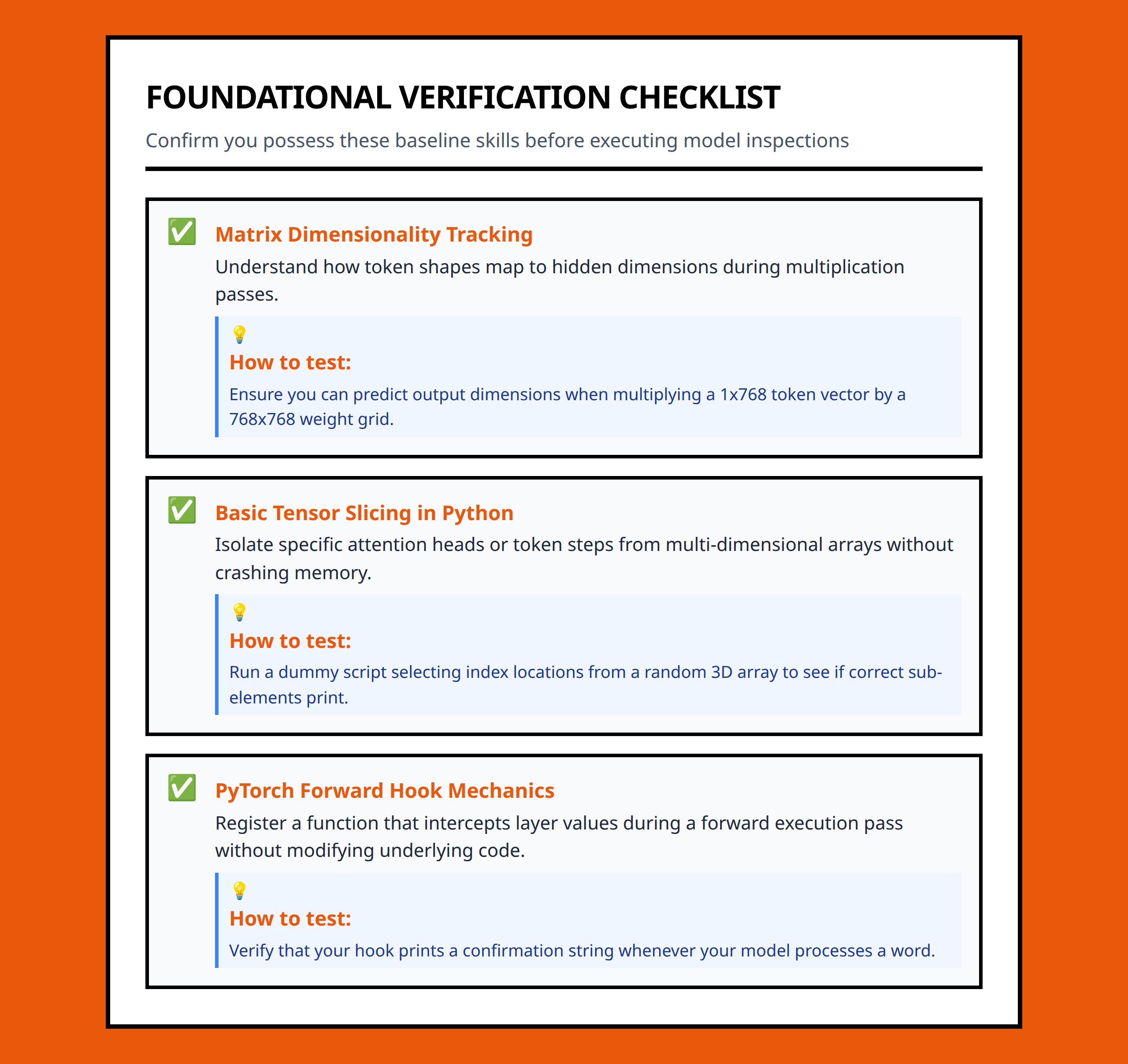 Checklist highlighting foundational coding and math skills needed for model interpretability.