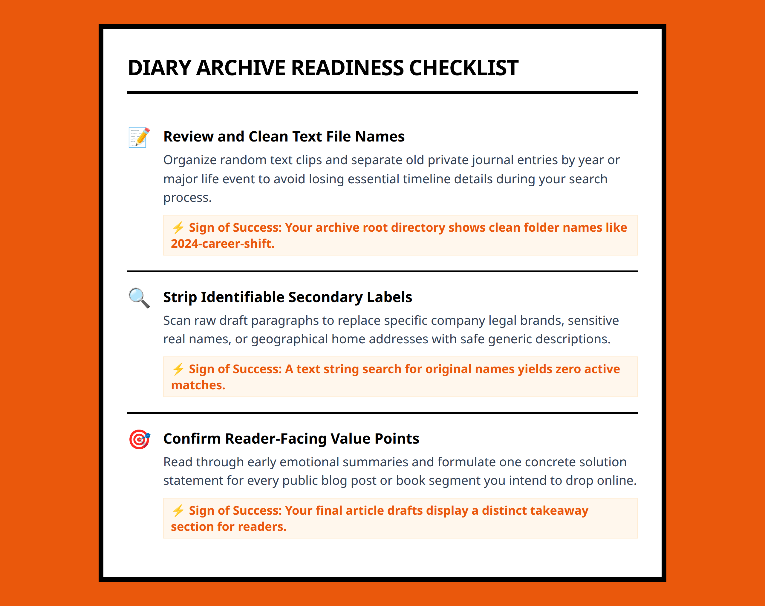 Checklist for review work on diary archives before drafting final chapters