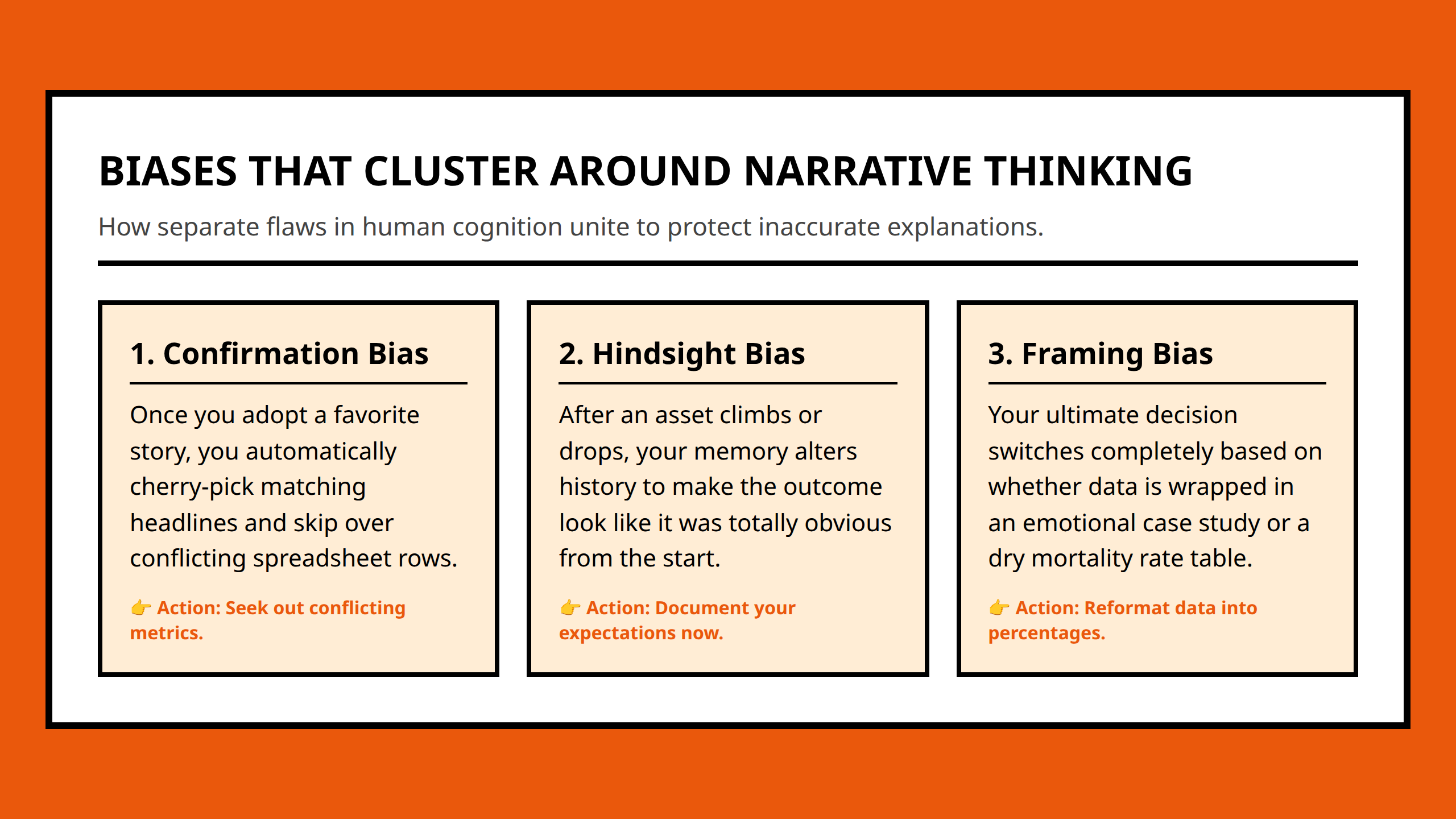 Card grid explaining the three major cognitive biases that feed narrative distortion