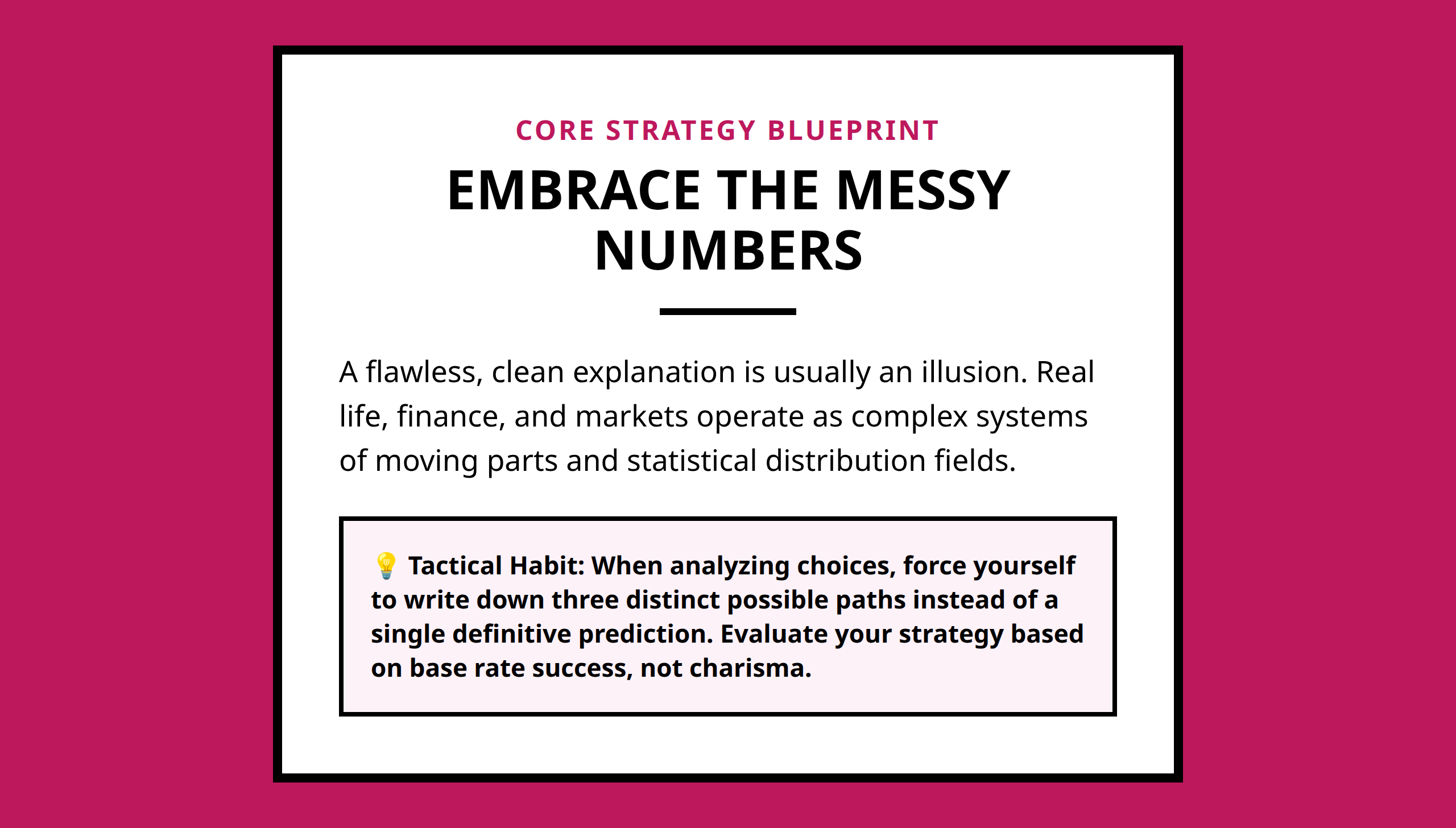 Mini poster encouraging probabilistic thinking over narrative illusions
