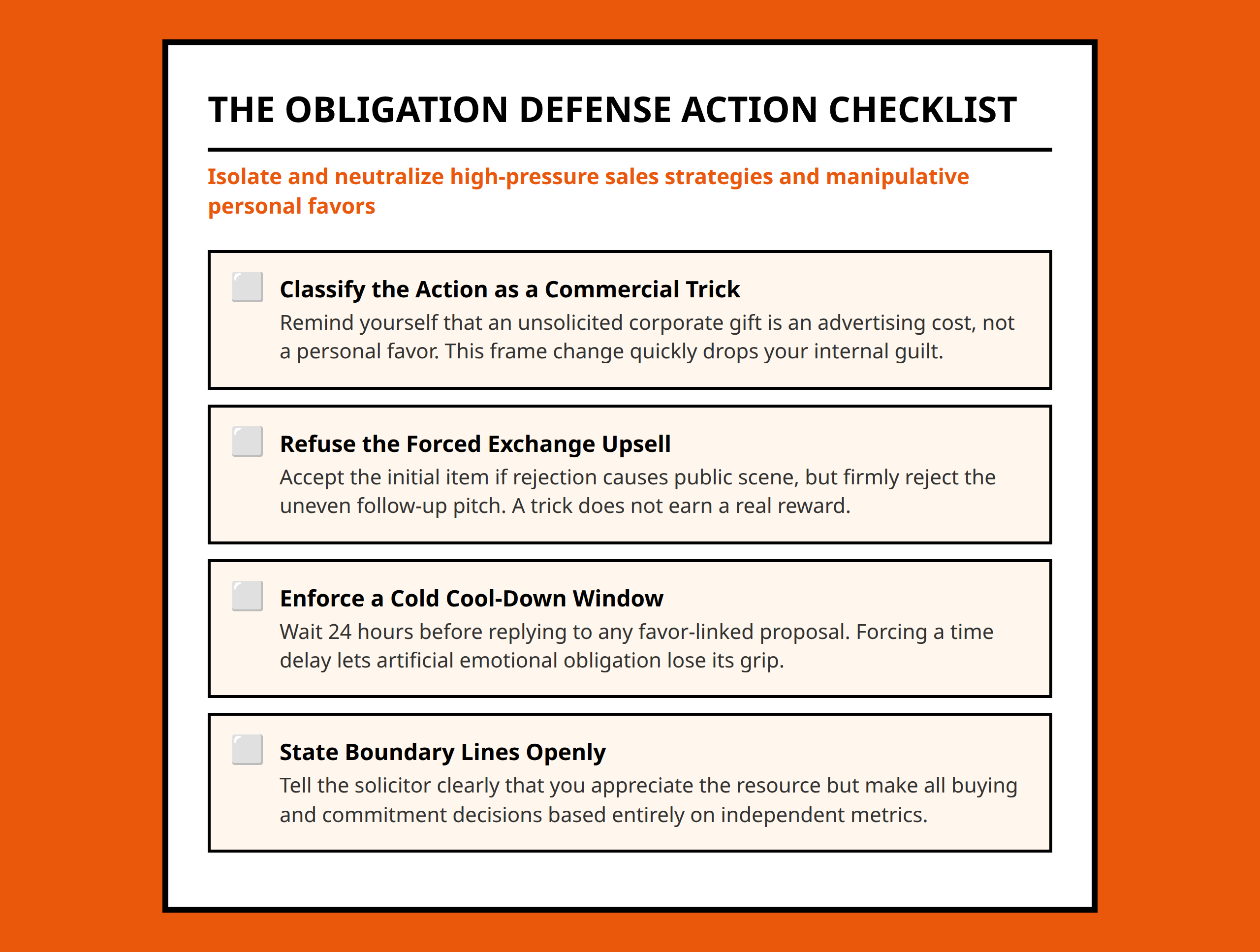 Checklist with concrete actions to recognize and dismantle reciprocity manipulation attempts