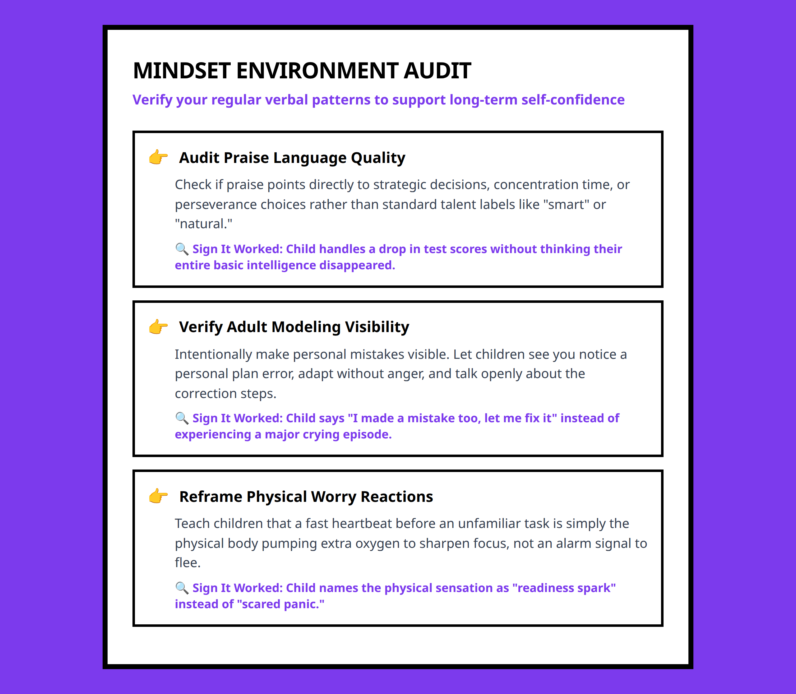 Parental response quality checklist for building growth mindset and anxiety resilience