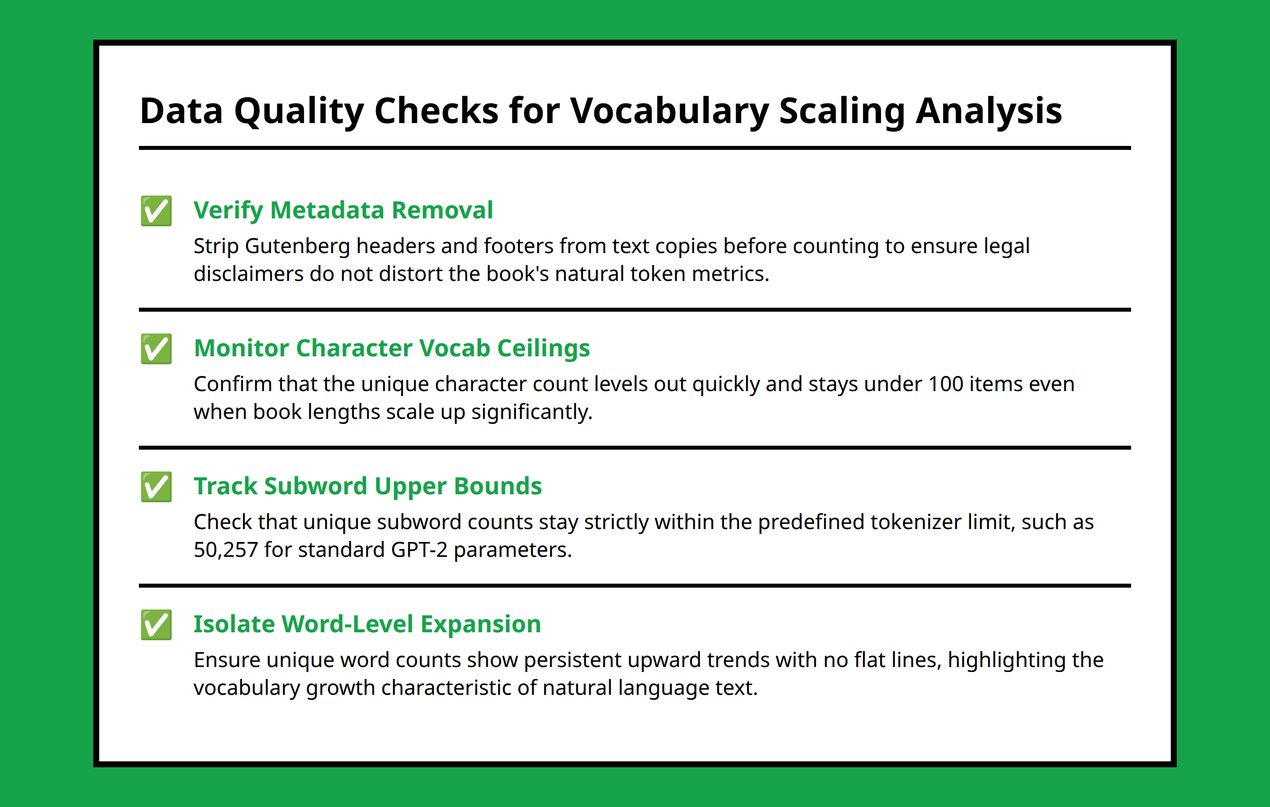 Checklist for verifying language tokens and vocabulary scaling data correctness